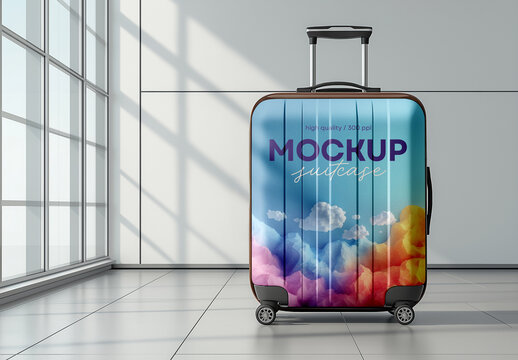 Suitcase Mockup in Modern Airport Terminal &ndash; Realistic Trolley Luggage with Colorful Abstract Design for Travel Branding, Airline Advertisement or Vacation Promotion