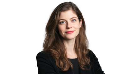 Portrait of a confident woman with long hair, wearing a black jacket, posing against a white background, embodying professionalism and approachability.