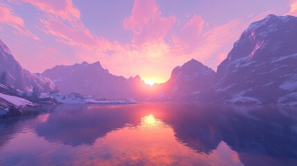 Serene Sunset Over Snowy Mountain Lake