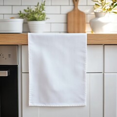 White Blank Rectangular Tea Towel with Smooth Area Hanging on Oven Door