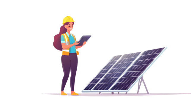 A female engineer in a safety helmet checks solar panels, promoting renewable energy and sustainability in the industry.