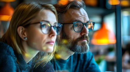 Two business professionals engaged in a collaborative discussion and brainstorming session visible through a clear glass window in a modern corporate office environment