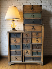 vintage antique furniture rustic wooden interior storage old boxes drawers lamp cabinet decor retro...