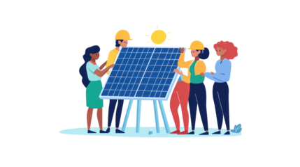 A diverse group of people collaborating on a solar panel installation, showcasing team effort and renewable energy solutions on a white isolated background.