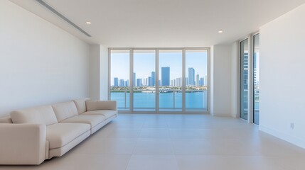 Luxury hotel interior showcasing exclusive architecture. Modern interior with a scenic city view through large windows.