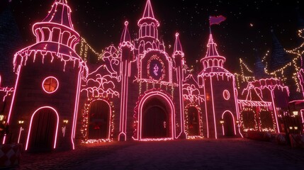 Fototapeta premium Enchanting Pink Neon Lighted Castle at Night Festive Holiday Fairytale Architecture