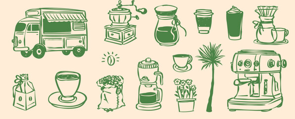 Hand Drawn Coffee Cup, Coffee Shop Clip Art Doodle Line Drawing Latte, Americano, Cappuccino, Street Coffee, Coffee Machine, Caffeine, Coffee Icons, Brunch Food Vector 