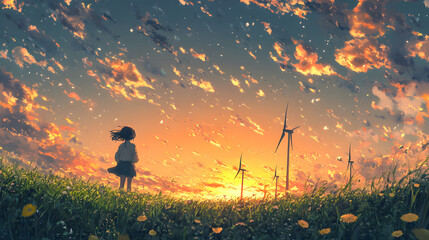 Fototapeta premium girl stands in green field with wind turbines, gazing at vibrant sunset sky filled with dramatic clouds. scene evokes sense of wonder and tranquility, blending nature and technology harmoniously