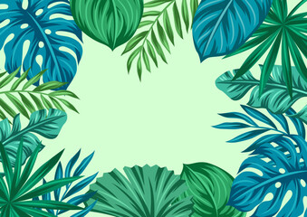 Frame with stylized palm leaves. Decorative image of tropical foliage and plants.