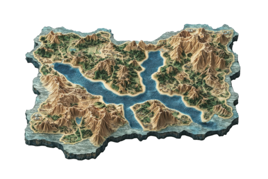 Detailed 3D topographical map depicting mountainous terrain and water bodies formed by valleys and rivers