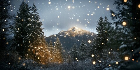 Magical Winter Wonderland Snowfall over Snowy Mountain and Evergreen Trees