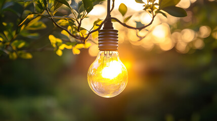 glowing light bulb hanging from tree branch symbolizes fusion of nature and technology, representing sustainable energy solutions. warm sunlight enhances eco friendly theme
