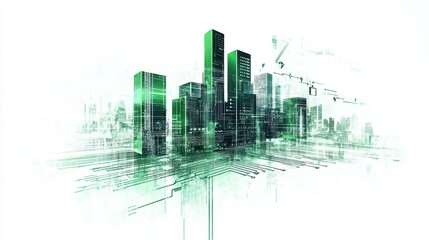Obraz premium A futuristic bar chart, AI business analytics, circuit design overlay, metallic and green hues, isolated on white background