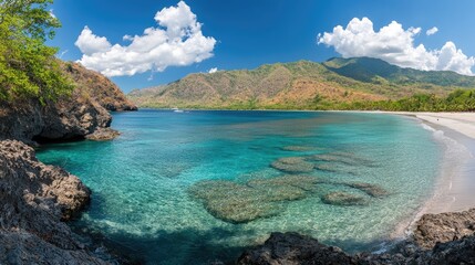 Tropical Beach Scene With Clear Water And Mountains