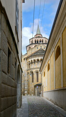 Basilica of Santa Maria Maggiore in Citta Alta, Bergamo, Italy. Historical cathedral architecture of Old town. Beautiful medieval church 