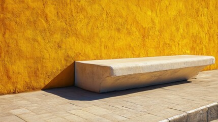 Minimalist concrete bench against a vibrant yellow wall in a sunlit urban setting