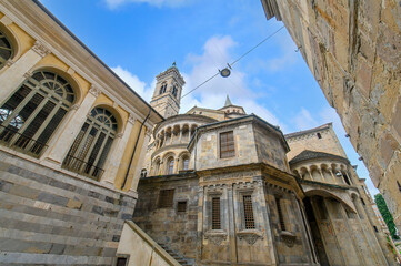 Basilica of Santa Maria Maggiore in Citta Alta, Bergamo, Italy. Historical cathedral architecture of Old town. Beautiful medieval church 