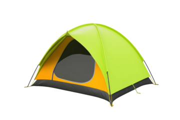 Bright green camping tent set up for outdoor adventure in a serene wilderness location
