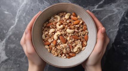 closeup hands holding a plate with granola,fruits and nuts