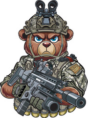 Cartoon style  tactical military teddy bear holding assault rifle
