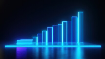 Fototapeta premium A futuristic bar chart, tech business concept, neon glow style, dark blue and cyan tones, isolated on white background.