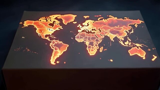 Global delivery cardboard box with a glowing world map printed on its surface