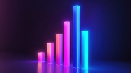 A futuristic bar chart, tech business concept, neon glow style, dark blue and cyan tones, isolated on white background.