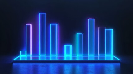 Obraz premium A futuristic bar chart, tech business concept, neon glow style, dark blue and cyan tones, isolated on white background.