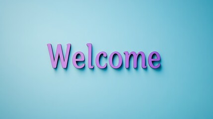 The text "Welcome" in stylish purple gradient font isolated on a solid sky blue background.