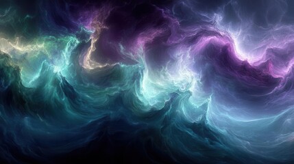 Obraz premium A stunning cosmic scene featuring swirling colors of purple, blue, and green, resembling a nebula or abstract representation of outer space.