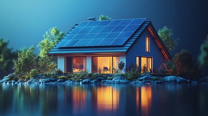 Modern eco-friendly home with solar panels lakeside evening serenity