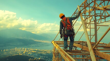 Construction worker on scaffolding overlooking cityscape urban environment