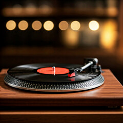 Fototapeta premium Classic vinyl record player in a wooden case. AI generated