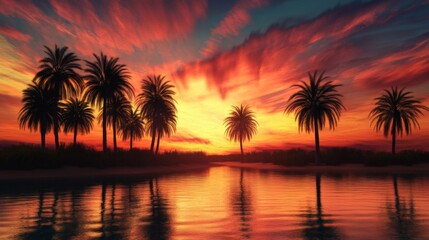 Obraz premium Silhouettes of Palm Trees at Sunset Over a Calm River