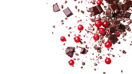 Delicious assortment of chocolate pieces and vibrant cherries scattered artistically on a white background, perfect for desserts and sweets promotion.