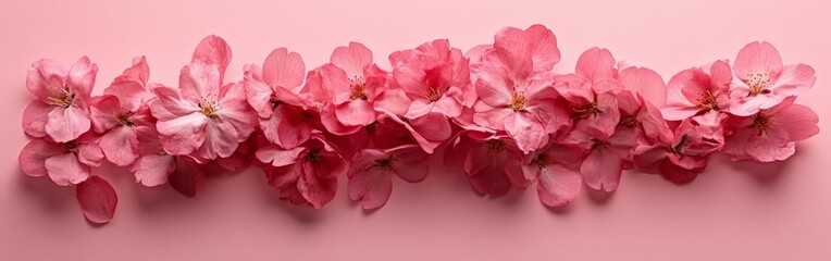 Obraz premium A flat lay of cherry blossoms on a pink background, symbolizing spring, beauty, and celebrations. Ideal for greeting cards, weddings, and feminine designs.