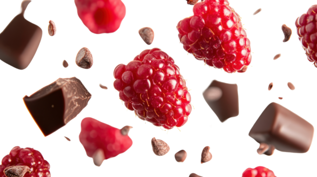 Fresh raspberries and chocolate pieces floating in mid-air, creating a dynamic and appetizing visual perfect for desserts and sweet treats.