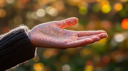 A close-up of an outstretched palm that glows with a magical radiant light