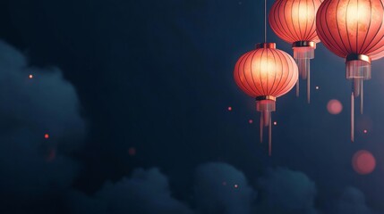 Fototapeta premium Chinese New Years, A blue background with three red lanterns hanging from the ceiling