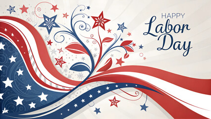 Fototapeta premium Watercolor illustration of abstract shapes, red white and blue, patriotism and Labor Day celebration