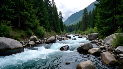A beautiful river, gracefully flowing through a lush forest with majestic mountains visible in the background, captures the essence of natures splendor
