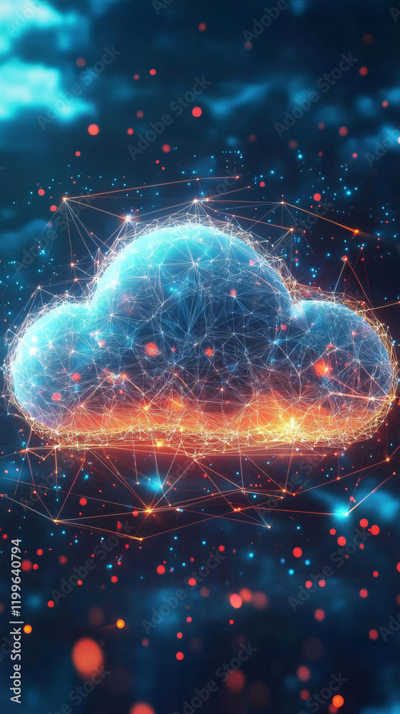 Aufkleber Cloud computing network with connecting lines and dots forming a cloud on dark blue background, concept of cloud computing and data storage