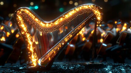 Illuminated Harp on Stage with Blurred Orchestra Background Concert Music Instrument