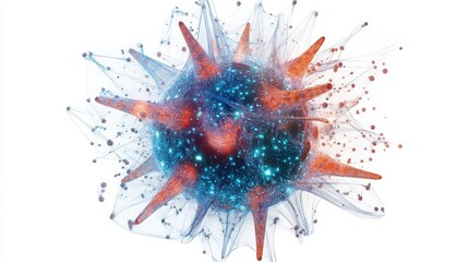A futuristic representation of viruses interacting, holographic art style, detailed textures, isolated on white background 