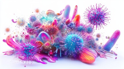 A futuristic representation of viruses interacting, holographic art style, detailed textures, isolated on white background 