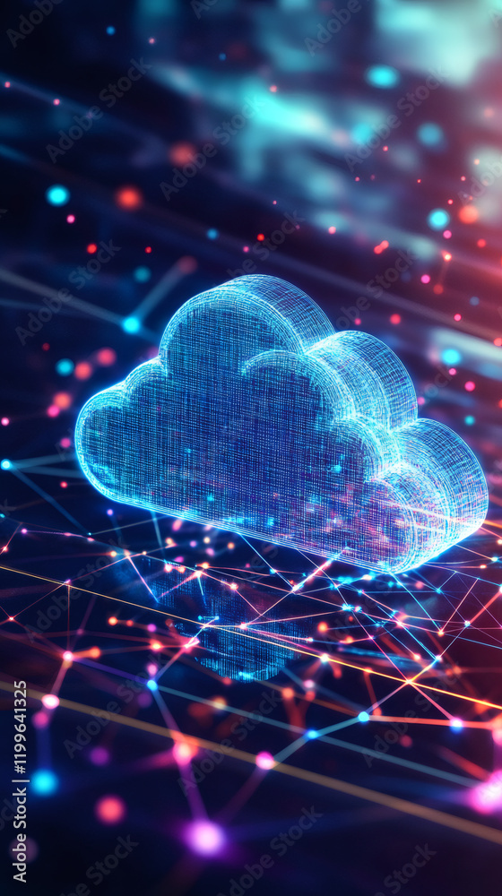 Poster Cloud computing technology floating above network nodes, representing data storage and transfer in cyberspace