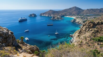 Coastal View of Ships and Turquoise Waters in a Bay