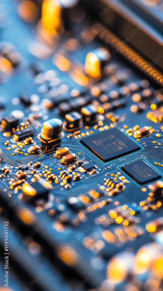 Aufkleber close-up of an electronic circuit board highlighting microchips, capacitors, and intricate connectio
