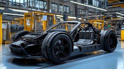 Obraz premium Electric vehicle chassis manufacturing in an industrial auto factory