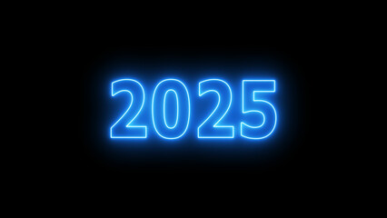 2025 Happy new year glowing neon text. Glowing neon blue colors number text  sign in black background.
